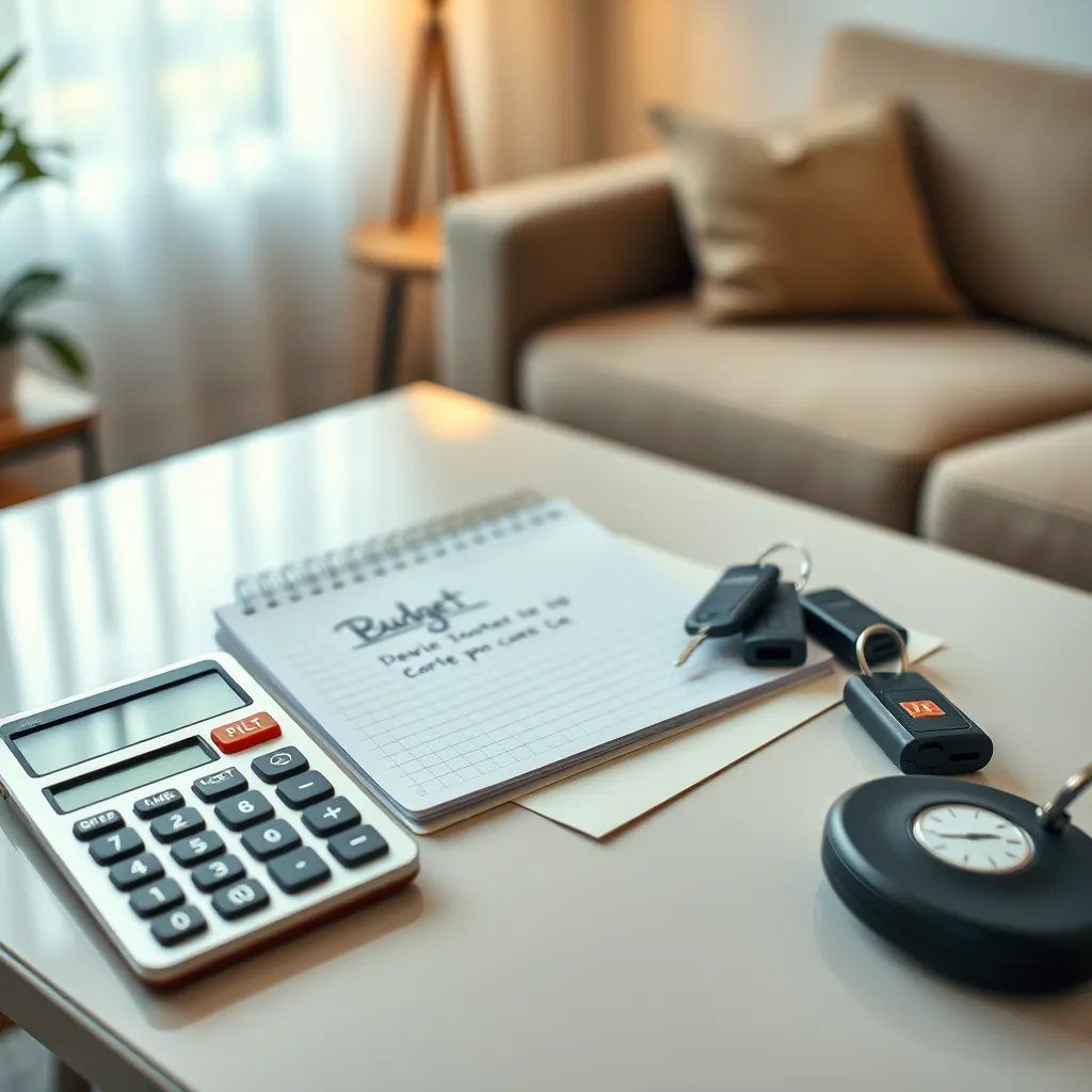 A neatly arranged financial planner on a table, with a calculator, a notepad with a budget written on it, and a bunch of car keys. The background features a cozy living room with soft lighting, suggesting a thoughtful and comfortable budgeting process.