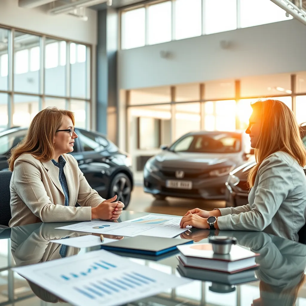 An office setting in a car dealership where a financial advisor is discussing financing options with customers. There should be charts and documents displayed on the table, with a couple looking engaged and a sense of teamwork in the atmosphere. Bright natural light should fill the room.